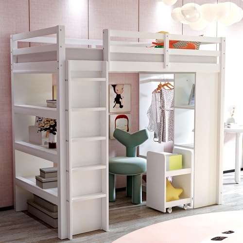 Kinderhochbett 90x200 cm, Einzelbett mit Mehrstufigen Regalen, Jugendbett mit Einfachen Kleiderbügeln und Ablagefächern, Mit 1 Herausnehmbaren Organisationswagen (Weiß) von Soweiz