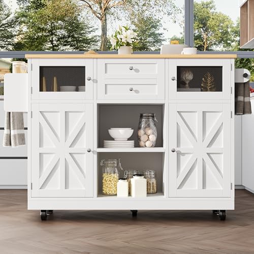 Kücheninsel, Esszimmerwagen mit Arbeitsplatte, Buffetschrank mit Holzmaserung, seitlicher Handtuchhalter, dreidimensionale Schranktüren mit Rollen, verstellbare Trennwände (Weiß) von Soweiz