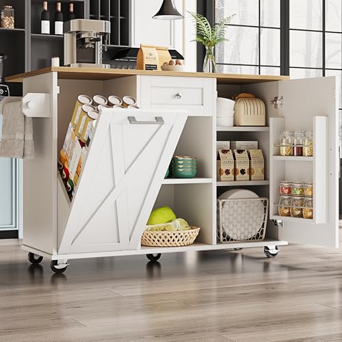Soweiz Kücheninsel, Küchenschrank für Mülleimer, buffetschrank, Multifunktionale Esstisch mit Speicherraum, Speisewagen mit Snackregalen und Stretchfunktionsschränken, 142 x 63x 87cm (Weiß) von Soweiz