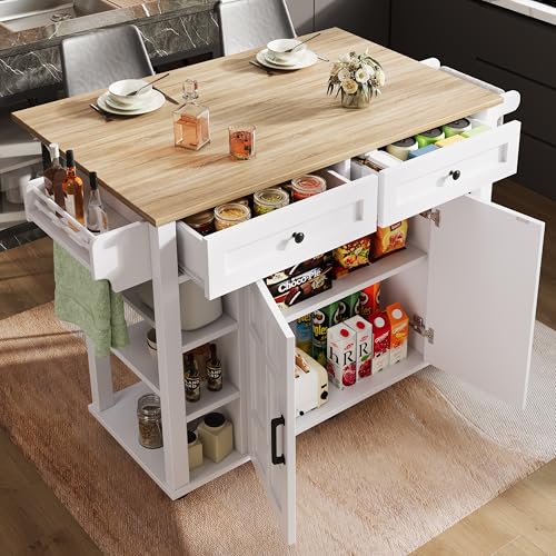 Soweiz Kücheninsel mit herausnehmbaren Trennwänden, Speisewagen mit Arbeitsplatte, Speisewagen mit Holzmaserung, Handtuchhalter beidseitig mit Rollen, 147 x 40 x 90 cm (Weiß) von Soweiz