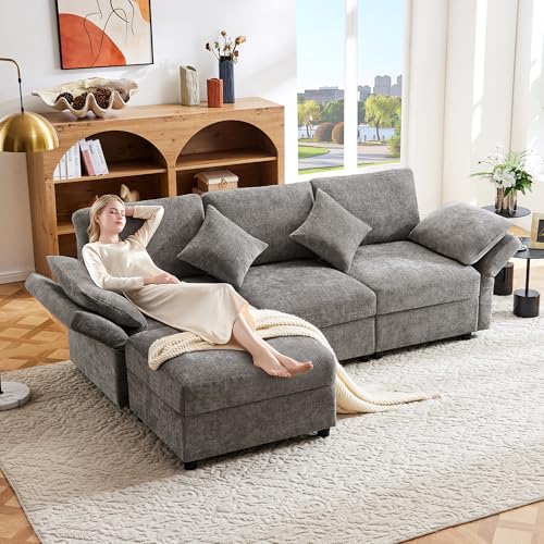 Soweiz L-förmiges Ecksofa mit Fußhocker, umwandelbares 3-Sitzer-Schlafsofa, 4 Kissen, verstellbare Armlehnen, Chenille-Stoff, geeignet für Wohnzimmer/Büro/Wohnung, 218x156.5x86cm (Grau) von Soweiz
