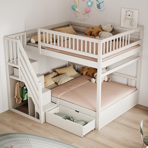Soweiz Massivholz-Etagenbett 140x200cm, Kinderbett Mit Hohem Sicherheitsgitter, Mit Lattenrost, Sicherheitsleiter mit Stauraum, Mit Stauschubladen, Junior Doppelbett (Weiß) von Soweiz