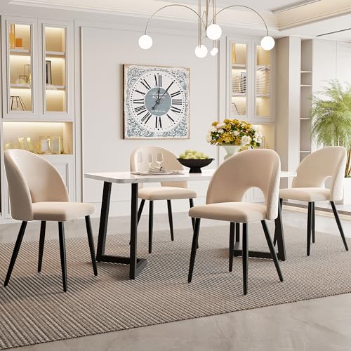 Soweiz Moderner Essgruppe,(Set,117×68cm Esstisch mit 4 Stühlen), Rechteckiger Esstisch Küchentisch Set,Samt Esszimmerstuhl Mit Diamantmuster,Verstellbare Stuhlbeine,Samt (Beige+Schwarz) von Soweiz