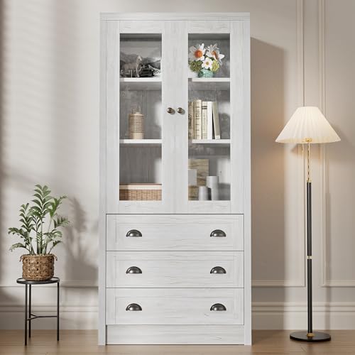 Soweiz Moderner Highboard Schrank, Holzoptik mit Glastüren, 3 Schubladen & Kupfergriffen, Stilvoller Stauraum für Wohnzimmer, Büro & Flur, 80x34x171 cm von Soweiz