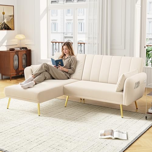 Soweiz Modernes Klappsofa, L-förmiges Sofa, Schlafsofa mit Zusatzecke, Ecksofa mit Schlaffunktion, geeignet für Wohnzimmer, Schlafzimmer, Heimkino, Gästezimmer (Beige) von Soweiz
