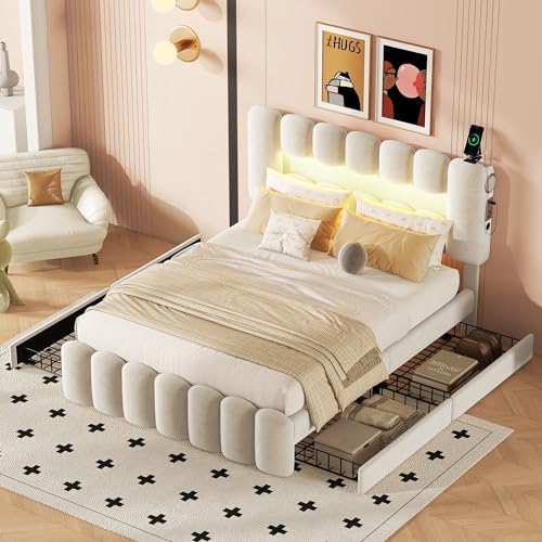 Soweiz Modernes Luxus-Polsterbett 140 x 200 cm mit 4 Schubladen, Polsterbett mit LED-Leiste, USB- und Stereoanlage, Stauraumorganizer (Beige) von Soweiz