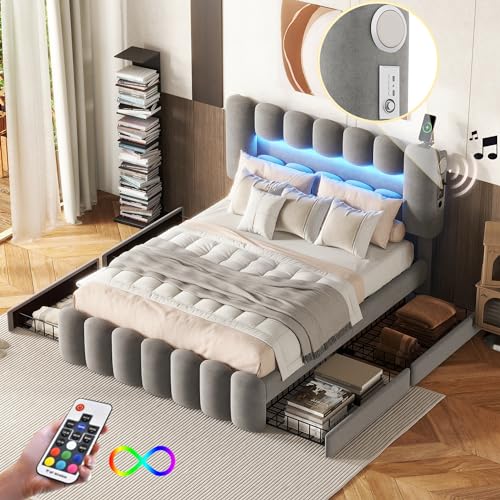 Soweiz Modernes Luxus-Polsterbett 140 x 200 cm mit 4 Schubladen, Polsterbett mit LED-Leiste, USB- und Stereoanlage, Stauraumorganizer (Grau) von Soweiz
