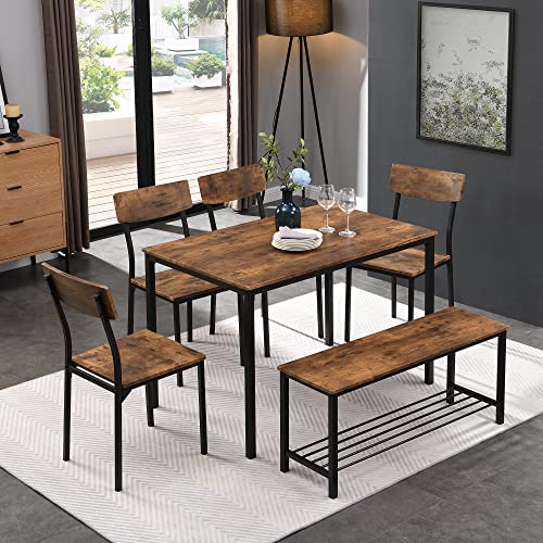 Soweiz Natürlicher Stil Esstisch Stuhl und Bank Set 6 Holz Stahlrahmen Industrie Stil Küche Esstisch Set,Kompakt und komfortabel von Soweiz