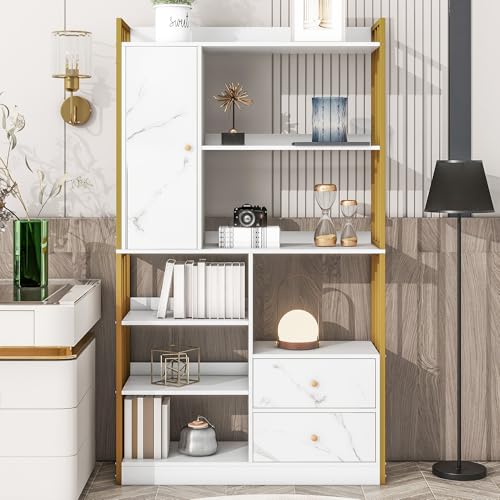 Soweiz Organizer - Vitrine - Bücherregal 6 Regal mit Türen und Schubladen Boden bis zur Decke Bücherregal, Stahlregal, 100x30x173.5cm (Weiß) von Soweiz