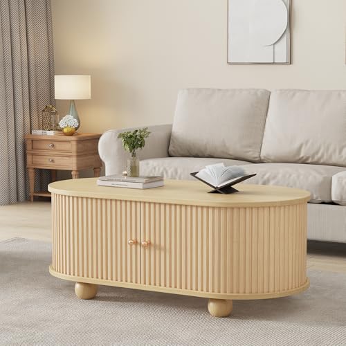 Soweiz Ovaler Couchtisch mit Stauraum und Schiebetüren platzsparendes Multifunktionsmöbel in Holzfarben, 100 x 50 x 40 cm von Soweiz