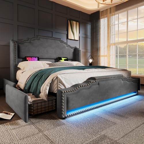 Soweiz Polsterbett, Doppelbett mit 4 Schubladen, LED-Beleuchtung und USB-C-Ladeanschluss, Stauraumbett und Jugendbett mit Lattenrost, Samt, ohne Matratze (Grau, 140×200 cm) von Soweiz