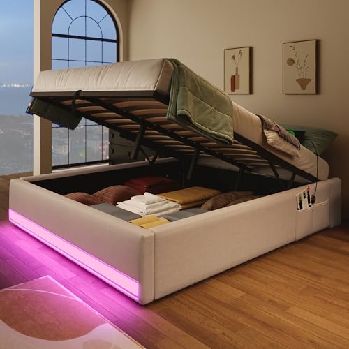 Soweiz Polsterbett, Fernbedienbare LED-Leiste, Mit USB und Typ-C, Mit kleinen Aufbewahrungstaschen, Kein Kopfteil-Design, Hydraulische Speicherfunktion, Keine Matratze (Beige, 140x200cm) von Soweiz
