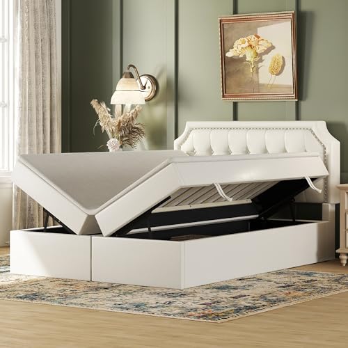 Soweiz Polsterbett 140x200cm, Doppelbett mit Lattenrost aus Metallrahmen, Großer Stauraum, Beidseitig zu öffnen, Weiß von Soweiz