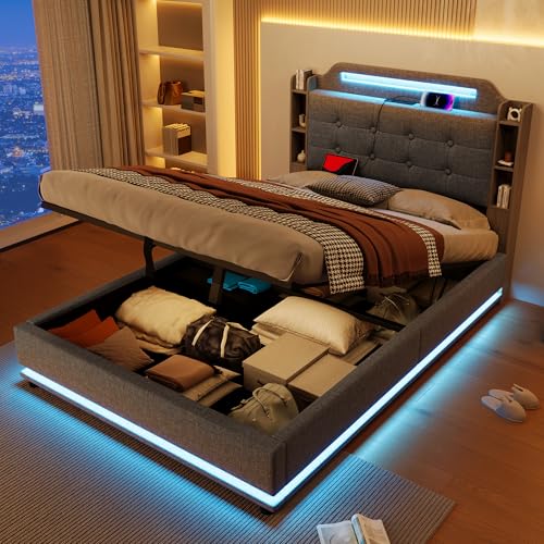 Soweiz Polsterbett 140x200cm, Mit LED-Lichtleiste, hydraulischer Stauraum, mehrere Ablagefächer, ohne Matratze, USB + Type-C, Leinen (Grau) von Soweiz