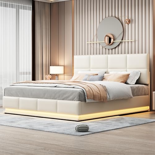 Soweiz Polsterbett 180x200cm mit LED Beleuchtung & Hydraulisch anhebbarer Bettstauraum,Bettkasten & Lattenrost Bezug aus Kunstleder Doppelbett Erwachsenen Jugendbett (Beige) von Soweiz