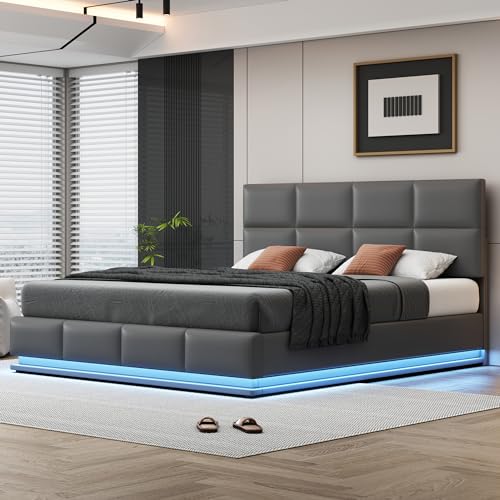 Soweiz Polsterbett 180x200cm mit LED Beleuchtung & Hydraulisch anhebbarer Bettstauraum,Bettkasten & Lattenrost Bezug aus Kunstleder Doppelbett Erwachsenen Jugendbett (Dunkelgrau) von Soweiz