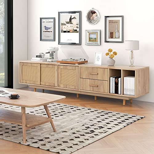 Soweiz Rattan TV-Ständer für 80-Zoll-Fernseher, Lowboards, TV-Schrank, Farmhouse Entertainment Center, rustikaler TV-Konsolentisch, modernes Entertainment Center von Soweiz