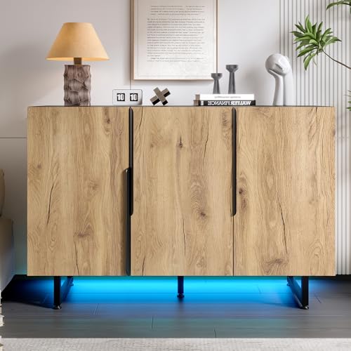 Soweiz Retro-Sideboard mit integrierter LED-Beleuchtung, Selbstständiger Schrankkaste Flexibler Stauraum mit verstellbaren Einlegeböden, höhenverstellbare Füße, 120 x 40 x 80cm von Soweiz
