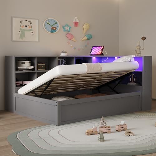 Soweiz Schlafsofa 90x200cm, Massivholzbett mit Mehrfachsteckdose und Mehreren Staufächern, multifunktionales Holzbett mit Lichtleiste, hydraulisches Bett, Einzelbett (Grau) von Soweiz
