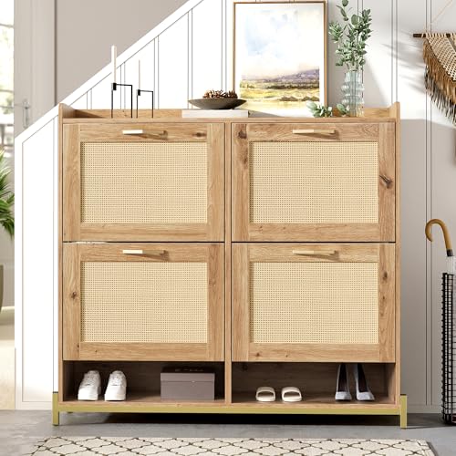 Soweiz Schuhschrank aus Holz mit Rattantüren – 4 Türen, Metallrahmen und oberes Regal für stilvolle und übersichtliche Aufbewahrung, 108,5 L x 24 B x 100 H (cm) von Soweiz