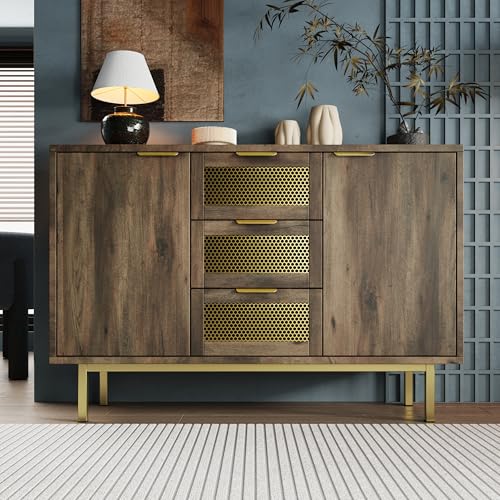 Soweiz Sideboard-Schrank Kommode mit 6 Schubladen, 120 x 40 x 76 cm, Dunkelbraun, Metallgriffe Kommode, Mehrzweckschrank für Flur, Schlafzimmer, Wohnzimmer und Kinderzimmer (3 Schubladen und 2 Türen) von Soweiz