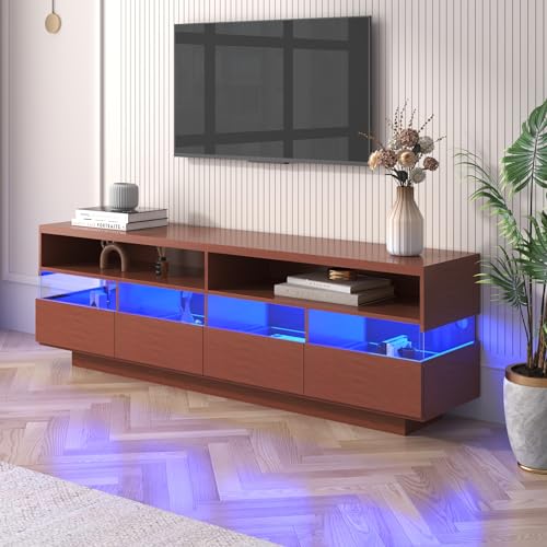 Soweiz TV-Schrank aus Holz, viel Stauraum, niedriges Panel mit LED-Beleuchtung, Zwei Fächer und Vier große Schubladen (Walnussfarbe) von Soweiz