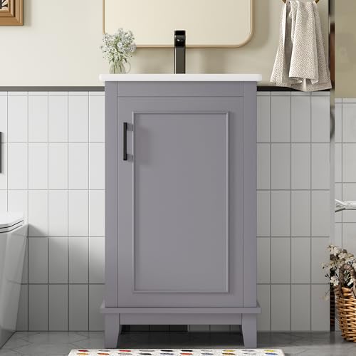 Soweiz Waschtisch, Bodenstehender Badezimmerschrank, komplett lackiert, Türregale, verstellbare Regale, integriertes Keramikwaschbecken, geeignet für kleine Räume, 51x34x83cm (Grau) von Soweiz