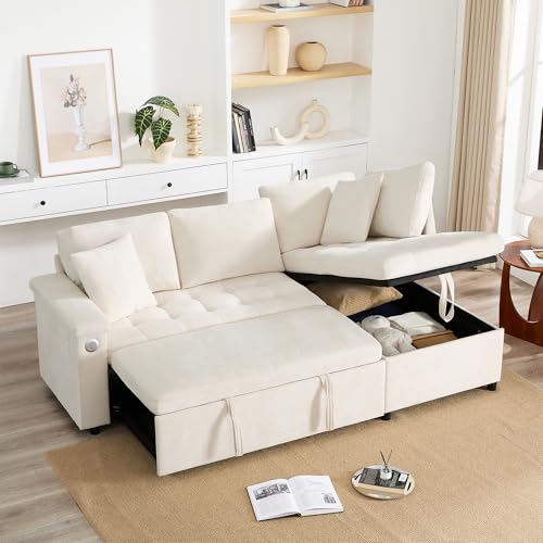 Soweiz Wohnzimmer L-Sofa, ausziehbares Schlafsofa mit Schlaffunktion, ausgestattet mit Stauraum, Getränkehalter, USB-Ladegerät, Armlehnenablage und 2 Kissen (Beige) von Soweiz