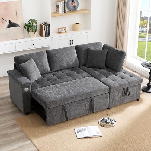 Soweiz Wohnzimmer L-Sofa, ausziehbares Schlafsofa mit Schlaffunktion, ausgestattet mit Stauraum, Getränkehalter, USB-Ladegerät, Armlehnenablage und 2 Kissen (Grau) von Soweiz