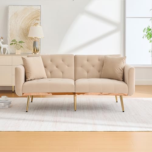Soweiz Wohnzimmer-Zweisitzer-Sofa, mit Kissen, Samtsofa mit Verstellbarer Rückenlehne, bequemes Schlafsofa mit gepolsterten Sitzkissen und Metallbeinen für kleine Räume (Beige) von Soweiz