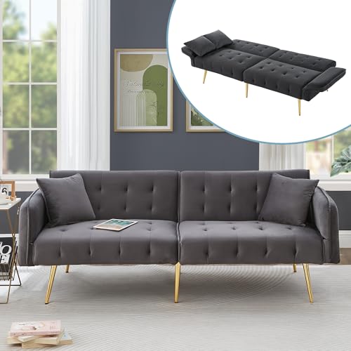 Soweiz Zweisitzer-Multifunktions-Sofabett mit Bettfunktion, Verstellbarer Rückenlehne + mehrstelligen Armlehnen. Faltsofabett für Wohnzimmer - Veloursbezug (Antikes Grau) von Soweiz