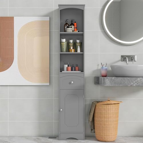 Soweiz modernen minimalistischen Badezimmerschrank, Badschrank, Badezimmermöbel mit Einer Schublade, verstellbare Ablagen, offenes Fach, 34x24x170cm (hellgrau) von Soweiz