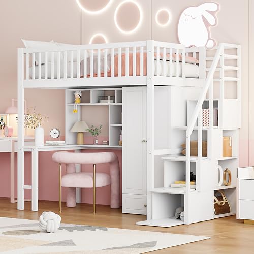 Stauraum Treppe Mehrzweckbetteinheit Holzbettgestell，Hochbett 90 x 200 mit großem Kleiderschrank Regal und Tisch (weiß) von Soweiz