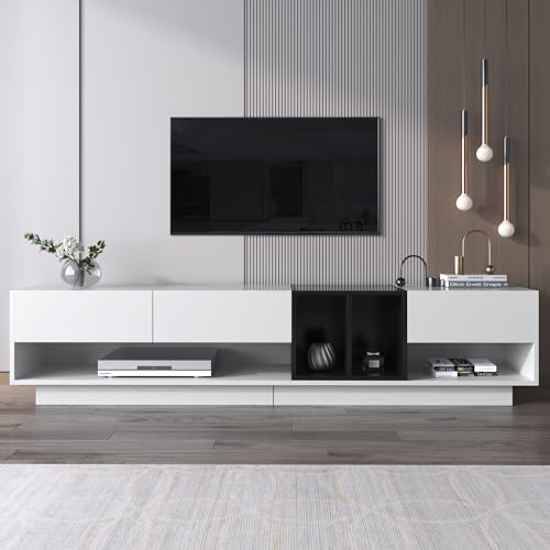 TV-Schrank, Kombination in Hochglanz-Weiß und Schwarz Farbblockierendes Design Fächer mehrere Stauräume Schubladen (Weiß) von Soweiz
