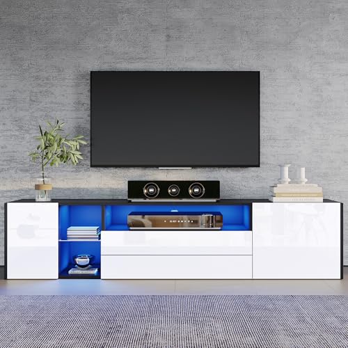 TV-Standschrank, Hochglanz-LED-Lowboard-TV-Schrank, TV-Ständer mit 2 Schubladen und 2 Schränken, geeignet für 75-Zoll-Fernseher, schwarz-weißer Spleiß-TV-Schrank, 180 x 40 x 45 cm TV-Standschrank, Hochglanz-LED-Lowboard-TV-Schrank, TV-Ständer mit 2 Schubladen und 2 Schränken, geeignet für 75-Zoll-Fernseher, schwarz-weißer Spleiß-TV-Schrank, 180 x 40 x 45 cm von Soweiz