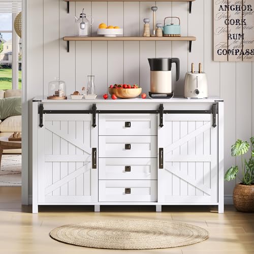 Vintage-Kaffeebar-Sideboard, Sideboard mit Stauraum, breiter Seitenschrank mit Schiebetüren und 4 Schubladen, geeignet für Küche, Esszimmer und Wohnzimmer, weiß, 137x40x81.5 cm Vintage-Kaffeebar-Sideboard, Sideboard mit Stauraum, breiter Seitenschrank mit Schiebetüren und 4 Schubladen, geeignet für Küche, Esszimmer und Wohnzimmer, weiß, 137x40x81.5 cm von Soweiz