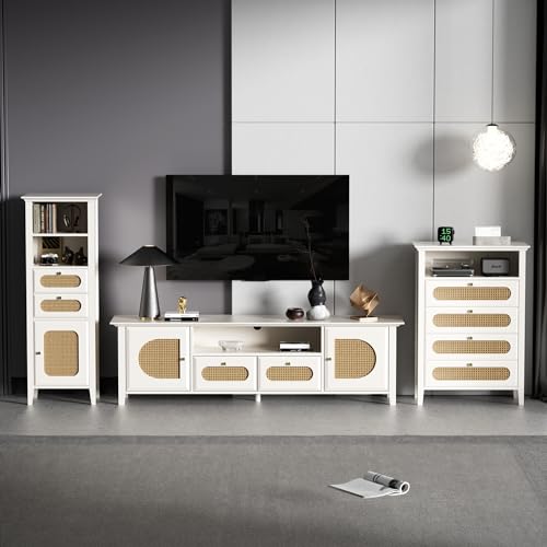 Wohnzimmer-Rattan-Möbelkombination, TV-Schrank und Aufbewahrungsschrank-Set. Beine aus massivem Holz und lackiert,Natürliche Schönheit von Soweiz