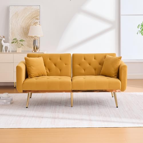 Wohnzimmer-Zweisitzer-Sofa, mit Kissen, Samtsofa mit Verstellbarer Rückenlehne, bequemes Schlafsofa mit gepolsterten Sitzkissen und Metallbeinen für kleine Räume (Senfgelb) von Soweiz