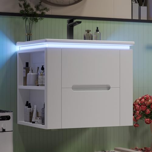 wandhängend Badezimmerschränk, komplett lackiert, LED-Radarsensor-Beleuchtung, zwei Schubladen, leise Gleitschienen, Zwei seitliche Ablagen, Waschtisch, integriertes Waschbecken, Weiß, 60x46x48.5cm von Soweiz