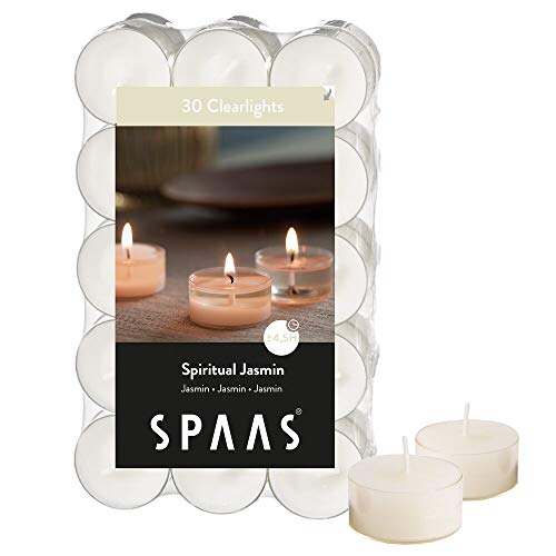 Spaas Pack de bougies Godets transparentes parfumées spirituel 30 Duftenden Clearlights, Teelichter mit durchsichtigem Halter, ± 4,5 Stunden-Spiritual Jasmin, Weiß, D 38 mm x H 19 mm von Spaas