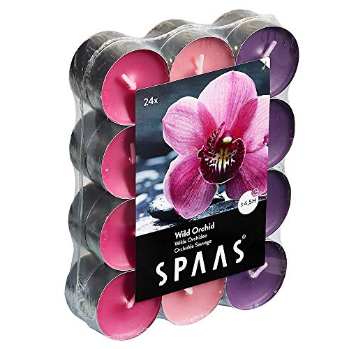 Spaas Pack de chauffe plats parfumées Orchidée Sauvage 24 Duft-Teelichter Farben Sortiert, ± 4,5 Stunden-Wild Orchid, Sojawachs, Aubergine, D 39 mm x H 16 mm von Spaas