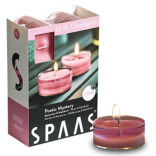 Spaas 12 Maxi Duftenden Clearlights, Teelichter mit durchsichtigem Halter, ± 10 Stunden-Poetic Mystery, Paraffinwachs, Zartrosa, D 57 mm x H 28 mm von Spaas