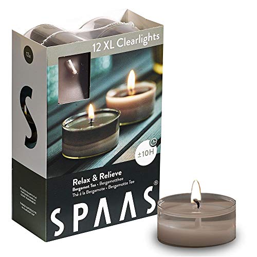 Spaas 12 Maxi Duftenden Clearlights, Teelichter mit durchsichtigem Halter, ± 10 Stunden - Relax & Relieve, 0392156.479, Warmes Grau, D 57 mm x H 28 mm von Spaas