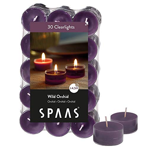 Spaas 30 Duftenden Clearlights, Teelichter mit durchsichtigem Halter, ± 4,5 Stunden - Wild Orchid von Spaas