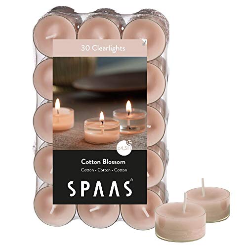 Spaas Pack bougies Godets transparentes parfumées Fleur de Coton 30 Duftenden Clearlights, Teelichter mit durchsichtigem Halter, ± 4,5 Stunden-Cotton Blossom, Beige, D 38 mm x H 19 mm von Spaas