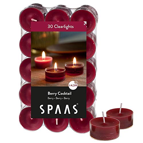 Spaas Pack bougies Godets transparentes parfumées de baies 30 Duftenden Clearlights, Teelichter mit durchsichtigem Halter, ± 4,5 Stunden-Berry Cocktail, Weinrot, D 38 mm x H 19 mm von Spaas