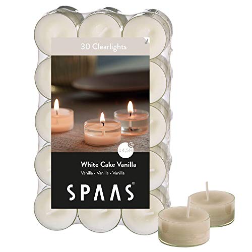 Spaas Pack de bougies Godets transparentes parfumées Biscuit vanille 30 Duftenden Clearlights, Teelichter mit durchsichtigem Halter, ± 4,5 Stunden-White Cake Vanilla, Elfenbein, D 38 mm x H 19 mm von Spaas