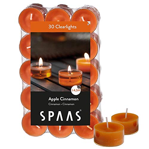 Spaas Pack de bougies Godets transparentes parfumées Pomme Cannelle 30 Duftenden Clearlights, Teelichter mit durchsichtigem Halter, ± 4,5 Stunden-Apple Cinnamon, Ingwer-Orange, D 38 mm x H 19 mm von Spaas