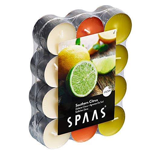 Spaas Pack de chauffe plats parfumées Agrumes du sud 24 Duft-Teelichter Farben Sortiert, ± 4,5 Stunden-Southern Citrus, Herbst gelb, D 39 mm x H 16 mm von Spaas