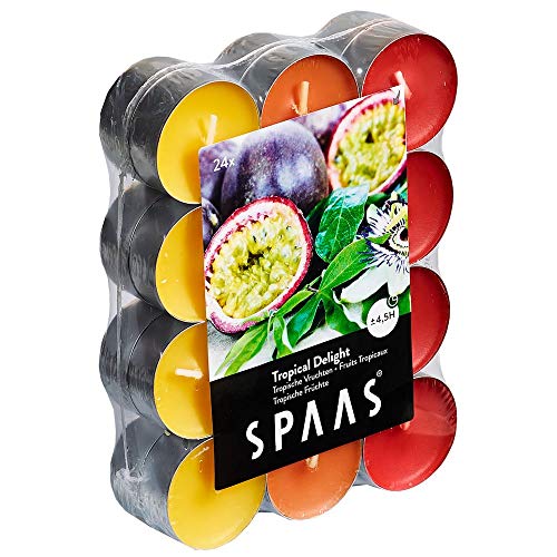 Spaas Pack de chauffe plats parfumées Délice 24 Duft-Teelichter Farben Sortiert, ± 4,5 Stunden-Tropical Delight, sonstige, Hellrot, D 39 mm x H 16 mm von Spaas